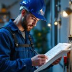 A photograph of a skilled electrician from rab electric meticulously examining a detailed checklist while working on a well-lit residential or commercial lighting installation