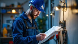 A photograph of a skilled electrician from rab electric meticulously examining a detailed checklist while working on a well-lit residential or commercial lighting installation
