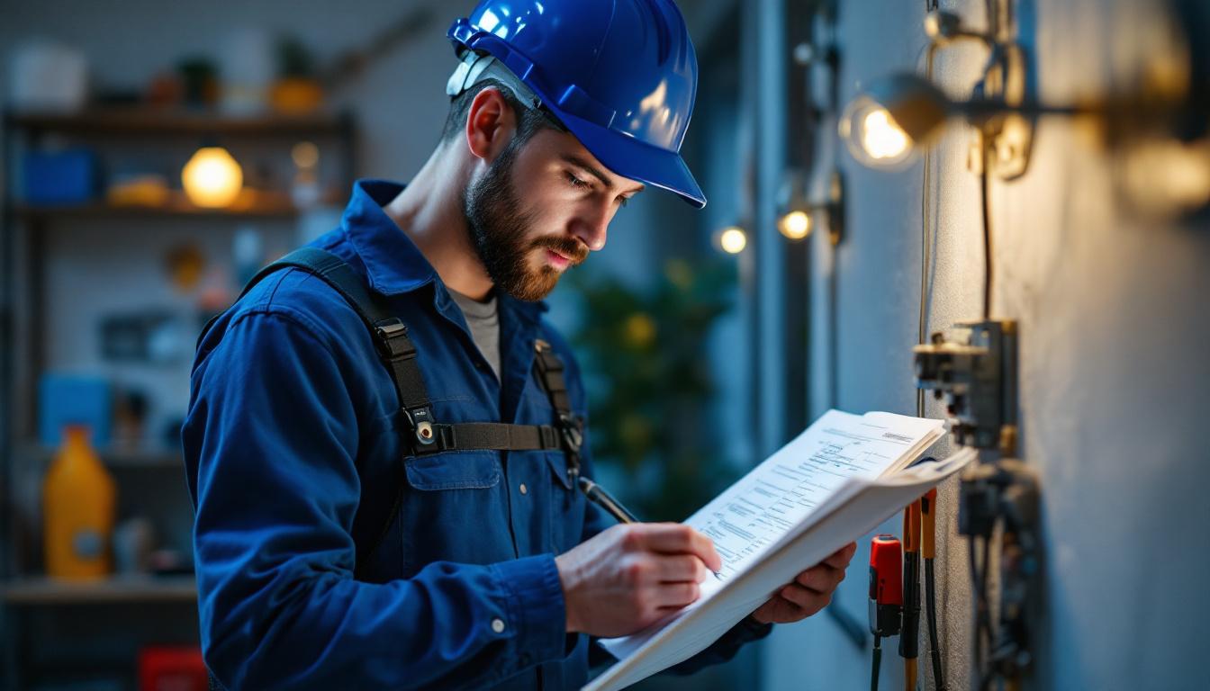 A photograph of a skilled electrician from rab electric meticulously examining a detailed checklist while working on a well-lit residential or commercial lighting installation