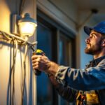 A photograph of a skilled lighting contractor installing hard-wired motion sensor lights in a residential or commercial setting