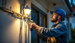 A photograph of a skilled lighting contractor installing hard-wired motion sensor lights in a residential or commercial setting