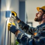 A photograph of an electrician or lighting contractor expertly installing a low voltage light sensor in a residential or commercial setting