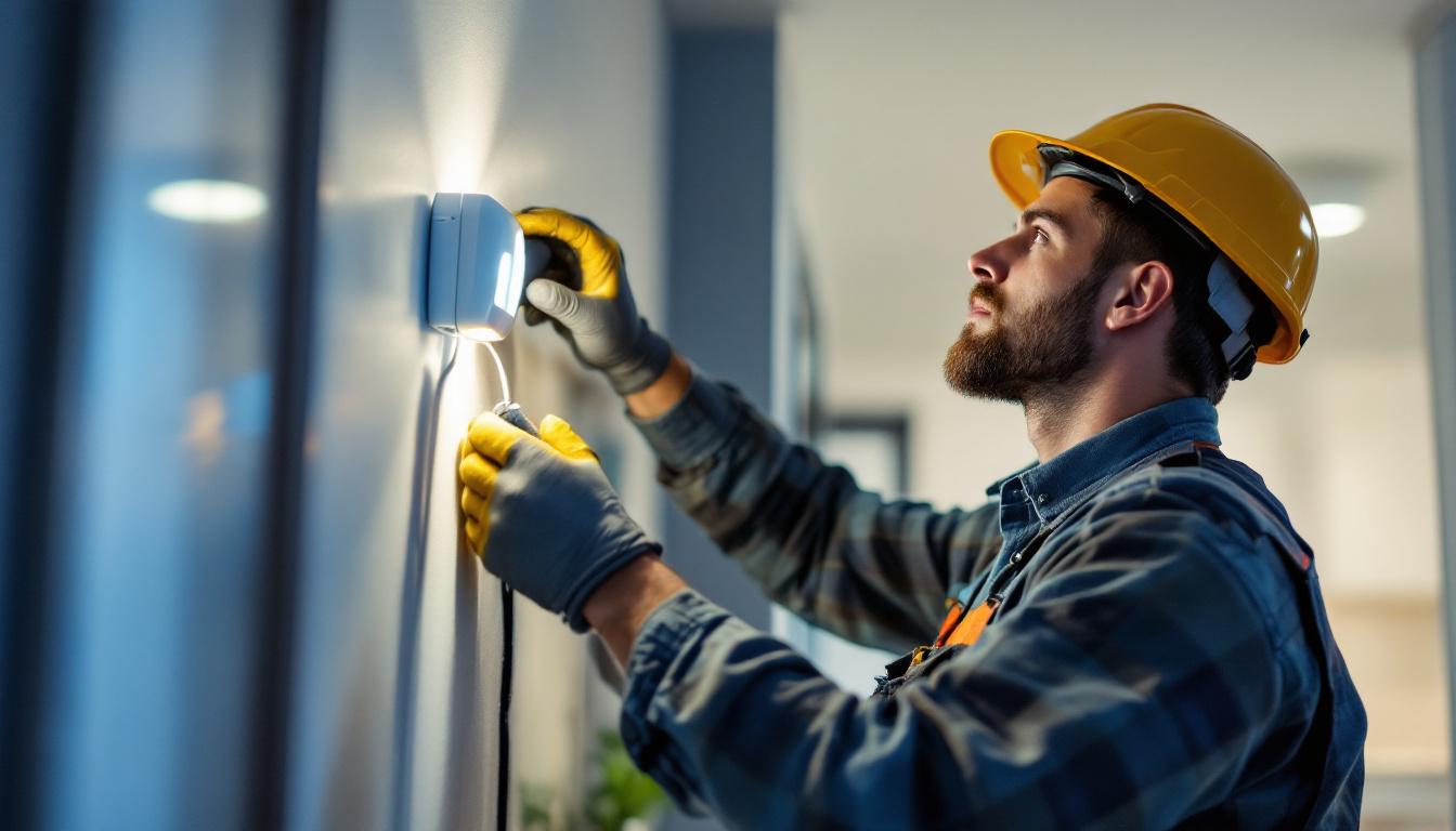 A photograph of an electrician or lighting contractor expertly installing a low voltage light sensor in a residential or commercial setting