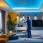 A photograph of a skilled electrician installing led recessed retrofits in a modern home setting