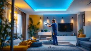 A photograph of a skilled electrician installing led recessed retrofits in a modern home setting