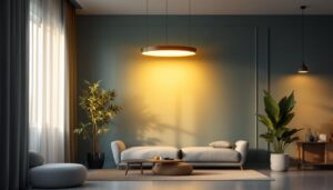 A photograph of a modern 8 ft light fixture in a stylish interior setting