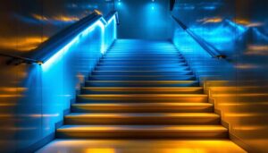 A photograph of a beautifully illuminated staircase featuring led lights