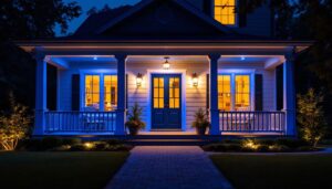 A photograph of a beautifully lit porch featuring various styles of led lights