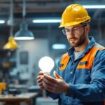 A photograph of a lighting contractor examining a type a led bulb in a well-lit workspace