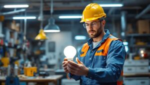 A photograph of a lighting contractor examining a type a led bulb in a well-lit workspace