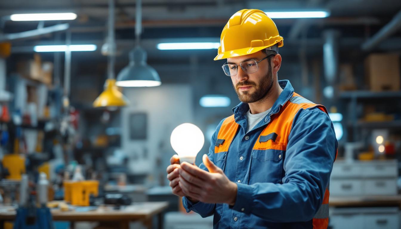 A photograph of a lighting contractor examining a type a led bulb in a well-lit workspace