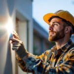 A photograph of a lighting contractor expertly installing a motion light sensor in a residential setting