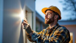 A photograph of a lighting contractor expertly installing a motion light sensor in a residential setting