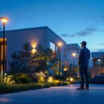 A photograph of a well-lit outdoor space featuring powerful solar lights in action