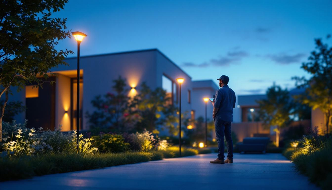 A photograph of a well-lit outdoor space featuring powerful solar lights in action