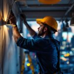 A photograph of a lighting contractor working on a project in a new york setting