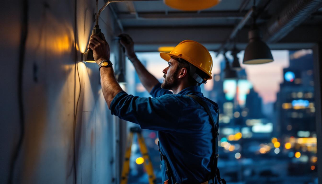 A photograph of a lighting contractor working on a project in a new york setting