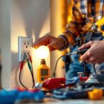 A photograph of a lighting contractor in action