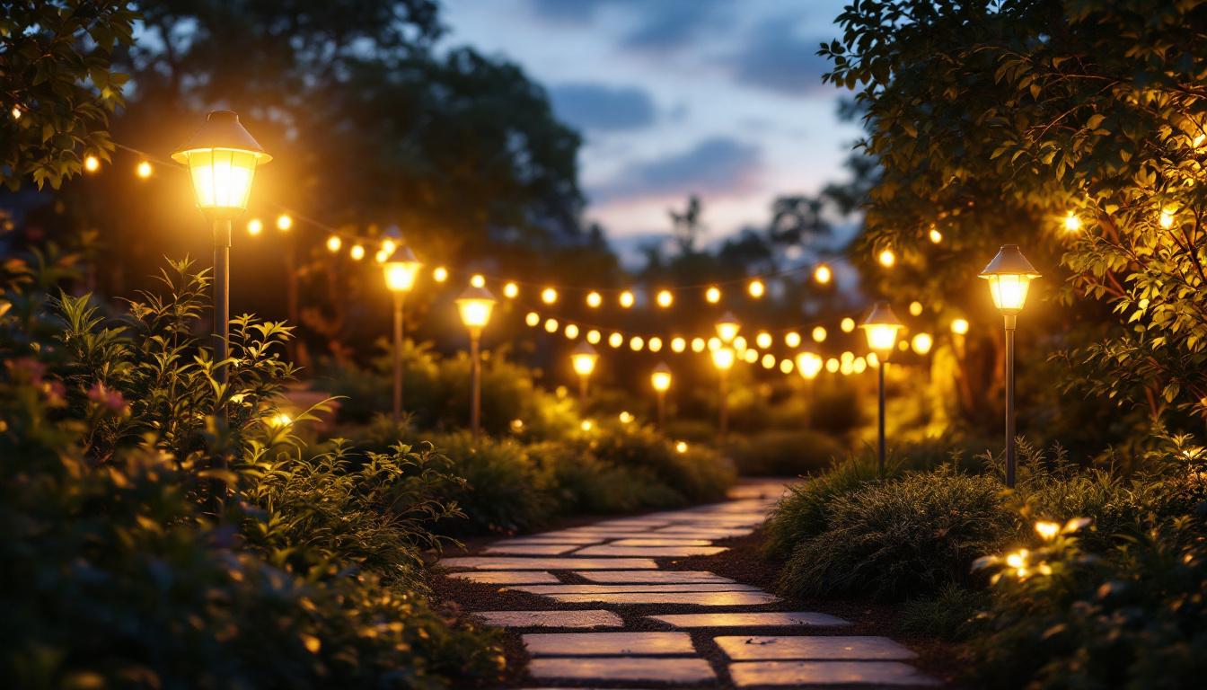 A photograph of a beautifully illuminated outdoor space featuring wireless solar lights