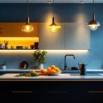 A photograph of a beautifully designed kitchen featuring stylish suspension lights that highlight the space