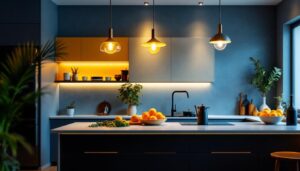 A photograph of a beautifully designed kitchen featuring stylish suspension lights that highlight the space