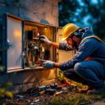 A photograph of a lighting contractor inspecting an outdoor utility box