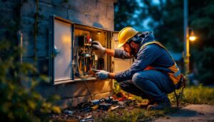 A photograph of a lighting contractor inspecting an outdoor utility box