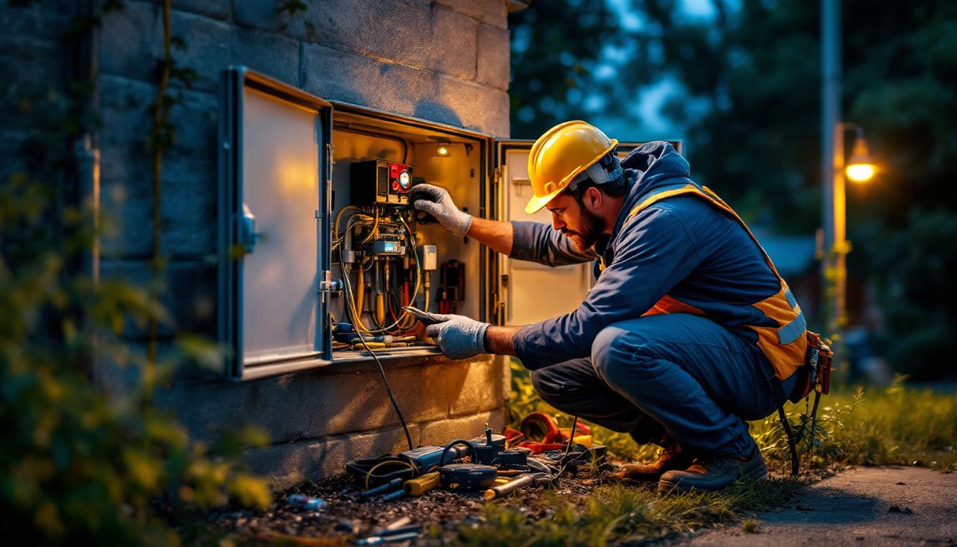 A photograph of a lighting contractor inspecting an outdoor utility box