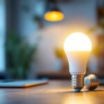A photograph of a 30-watt led light bulb illuminating a modern workspace