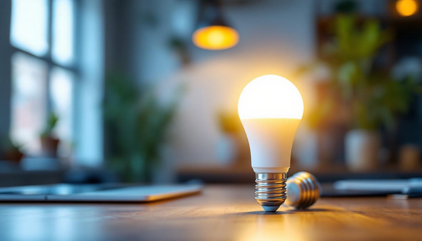 A photograph of a 30-watt led light bulb illuminating a modern workspace