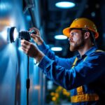 A photograph of a skilled lighting contractor installing or adjusting commercial outdoor led lighting fixtures in a well-lit urban environment