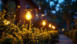 A photograph of a solar light installation in a beautifully landscaped outdoor setting