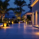 A photograph of a beautifully illuminated outdoor space showcasing various led lighting installations
