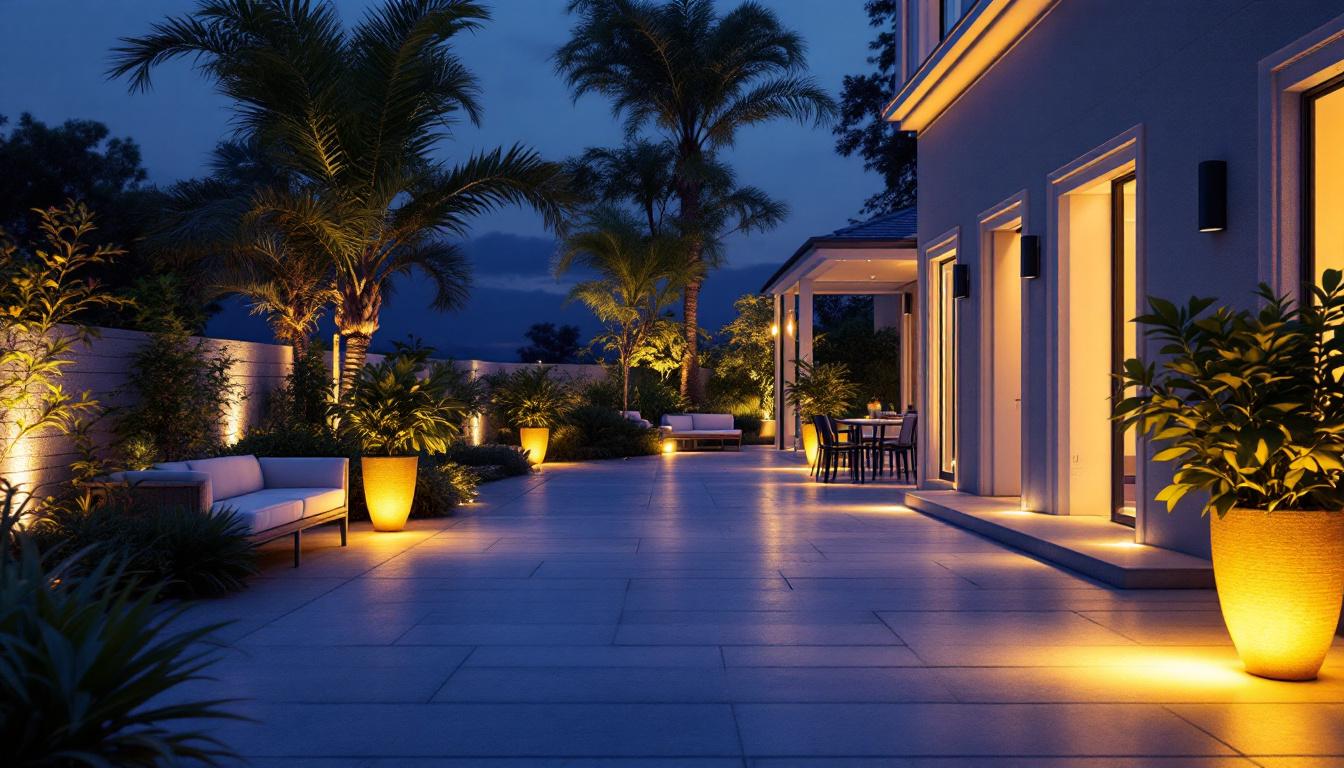 A photograph of a beautifully illuminated outdoor space showcasing various led lighting installations