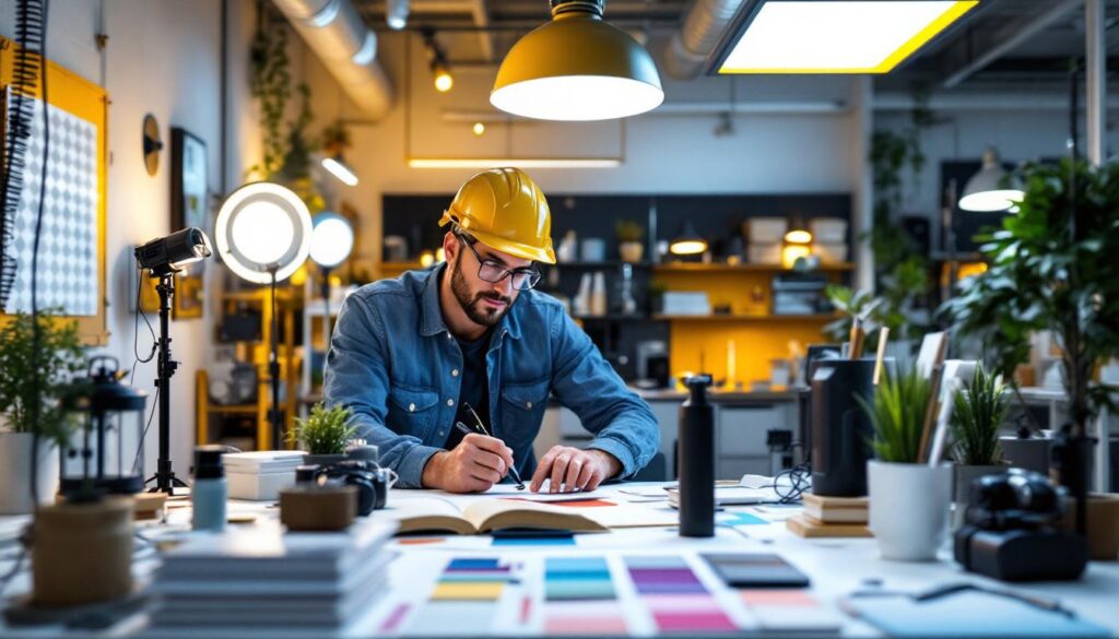 A photograph of a modern light lab environment showcasing various lighting fixtures and equipment