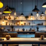 A photograph of a well-lit retail space showcasing various stylish lighting fixtures