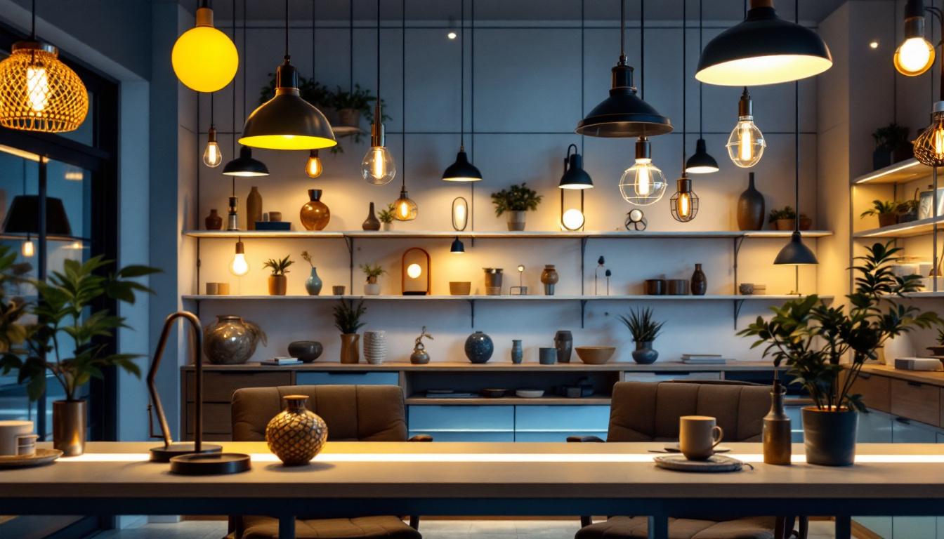 A photograph of a well-lit retail space showcasing various stylish lighting fixtures