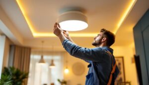 A photograph of a skilled lighting contractor installing modern ceiling lights in a stylish residential space