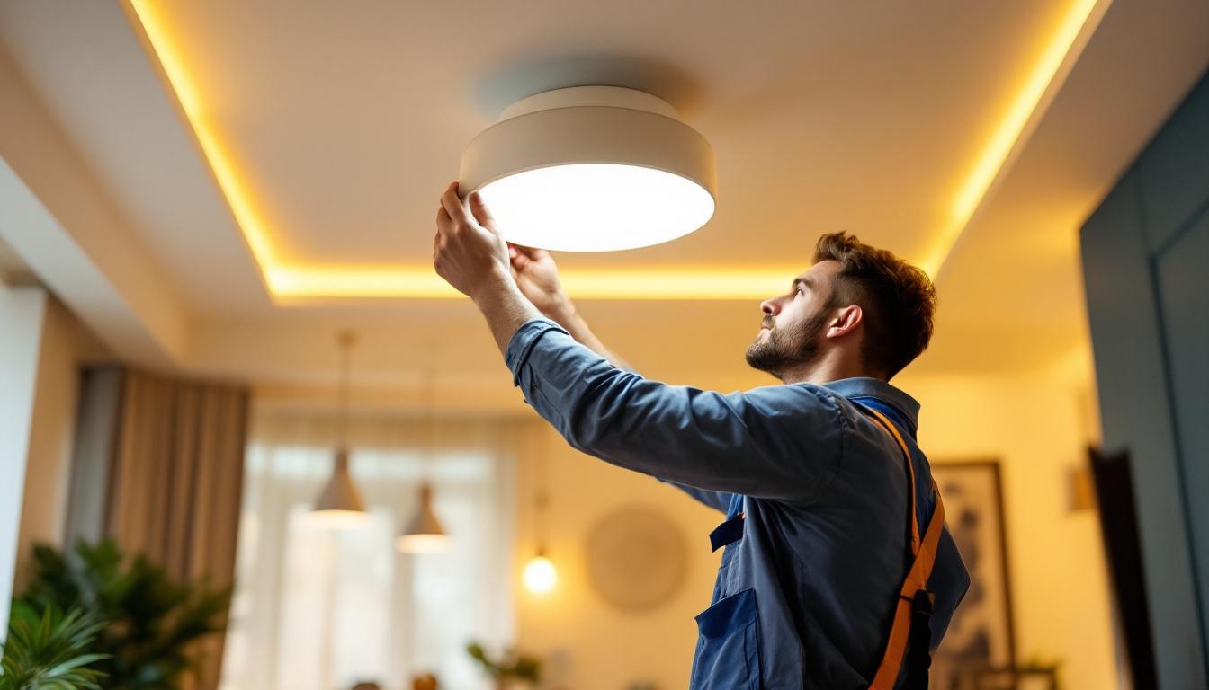 A photograph of a skilled lighting contractor installing modern ceiling lights in a stylish residential space