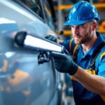 A photograph of a lighting contractor installing an 8-inch led light bar on a vehicle
