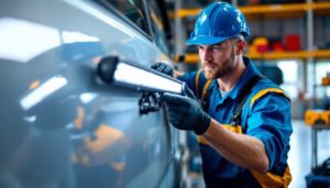 A photograph of a lighting contractor installing an 8-inch led light bar on a vehicle