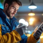A photograph of a lighting contractor examining and installing par bulbs in a modern commercial space