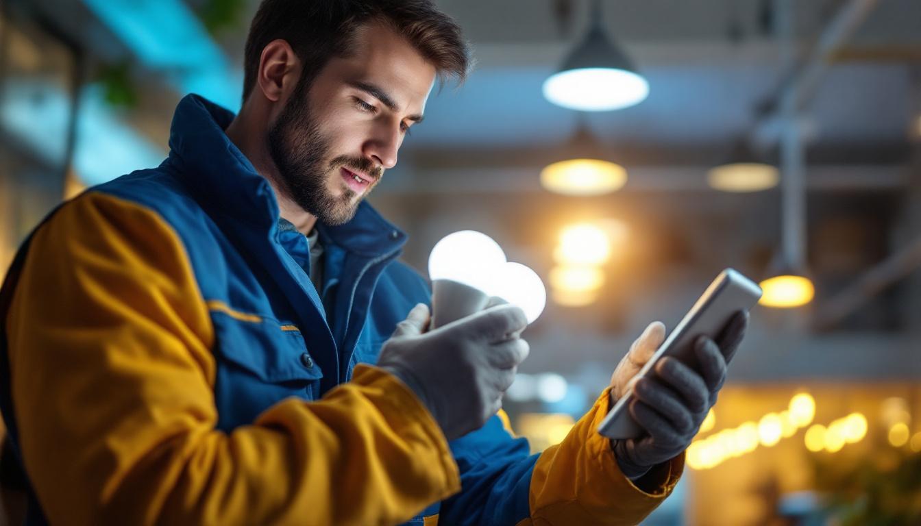 A photograph of a lighting contractor examining and installing par bulbs in a modern commercial space