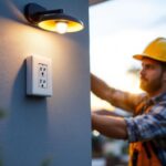 A photograph of a lighting contractor installing an outdoor light post outlet in a residential setting