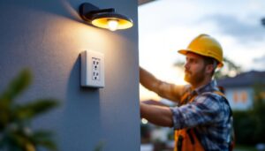 A photograph of a lighting contractor installing an outdoor light post outlet in a residential setting