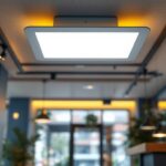 A photograph of a sleek and modern 2x4 ceiling light installed in a stylish