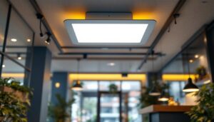 A photograph of a sleek and modern 2x4 ceiling light installed in a stylish