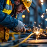 A photograph of a skilled lighting contractor using specialized cable pulling tools in an active work environment