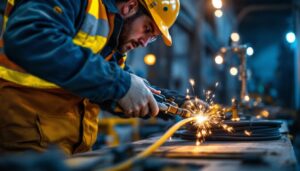 A photograph of a skilled lighting contractor using specialized cable pulling tools in an active work environment