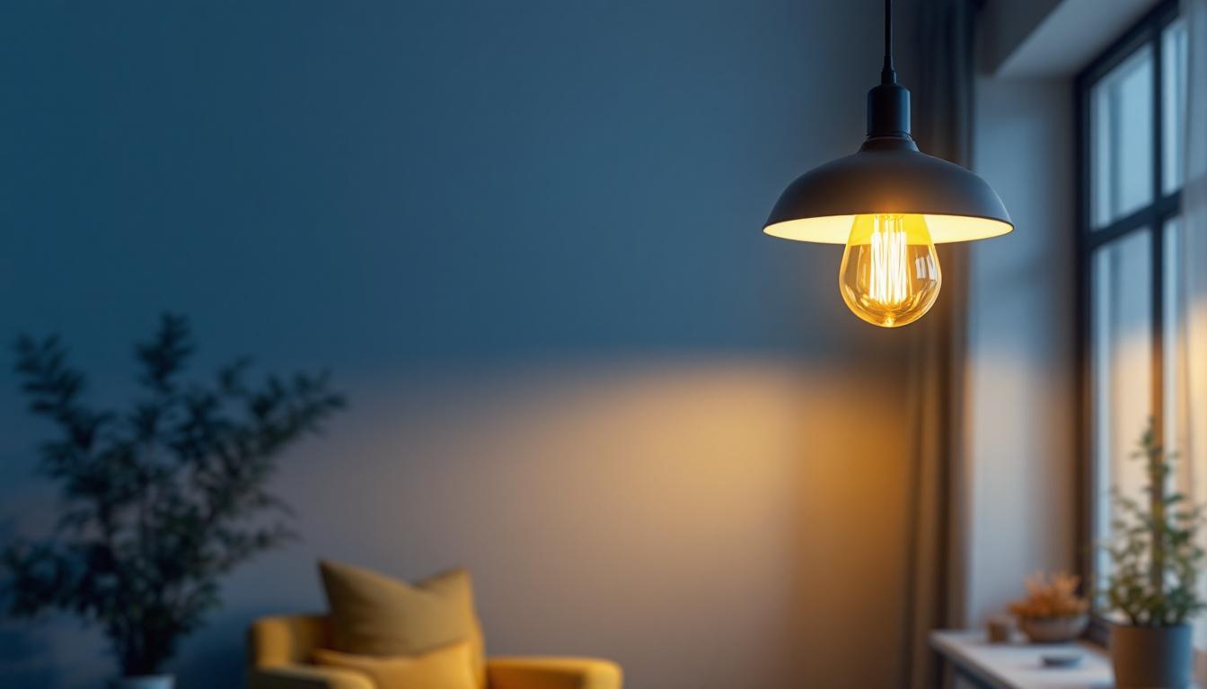 A photograph of a stylish single hanging light fixture in a modern interior setting